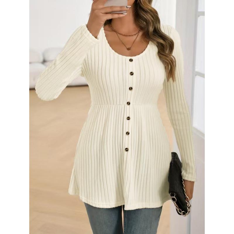 Women S Plus Size Solid Long Sleeve Round Neck Top With Button Decoration