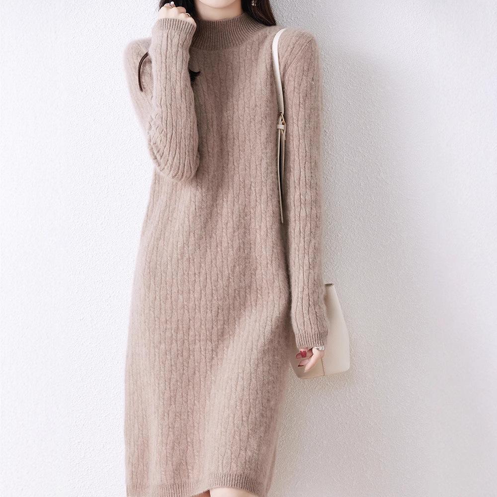 Women's High Neck Knitted Wool Dress - Slimming and Warm for Autumn/Winter