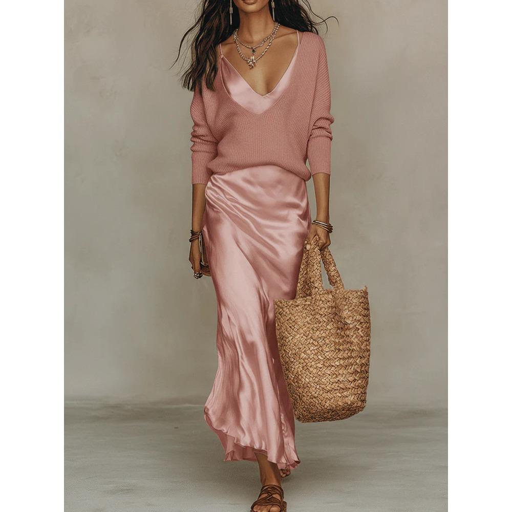 Europe, America, Fashion, Women's Top + Satin Dress Temperament Commuter 2-piece Set
