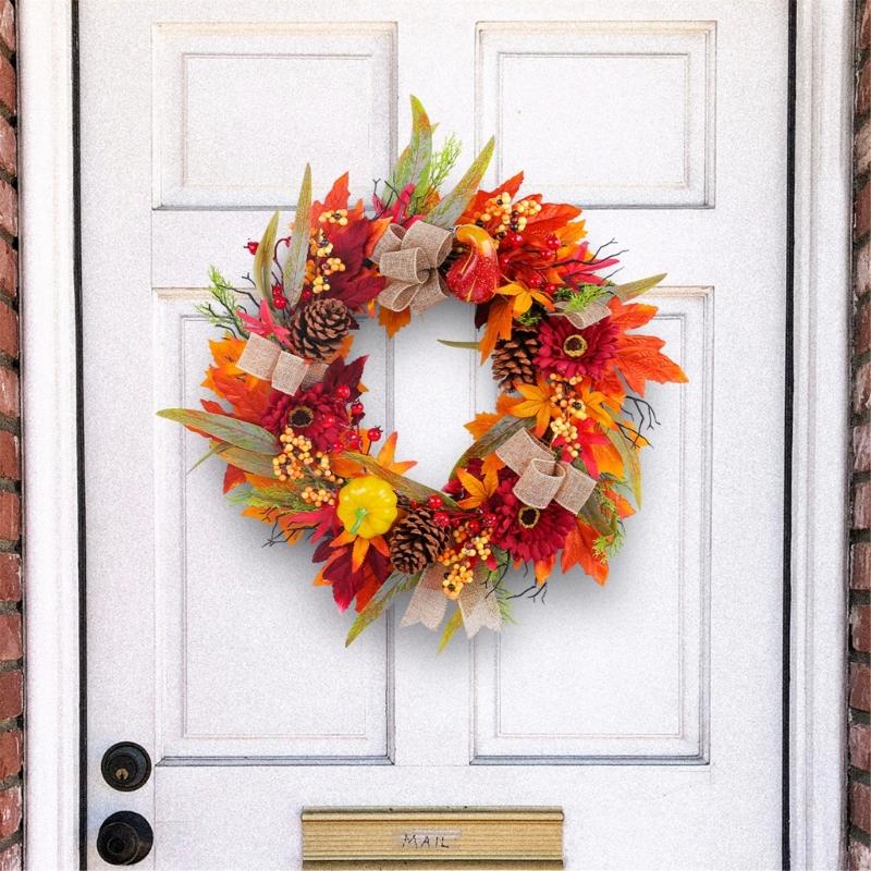 Artificial Autumn Wreath for Front Door Farmhouses Garden, Harvest Wreath with Pumpkins Thanksgiving Party Decorations