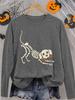 Damen Halloween Langarm-T-Shirt Niedlicher Skelett-Hunde-Print Weiches Lustiges Lässiges Oberteil, Gruseliger Humor Geschenk, Rundhals-T-Shirt für Alltag, Sport
