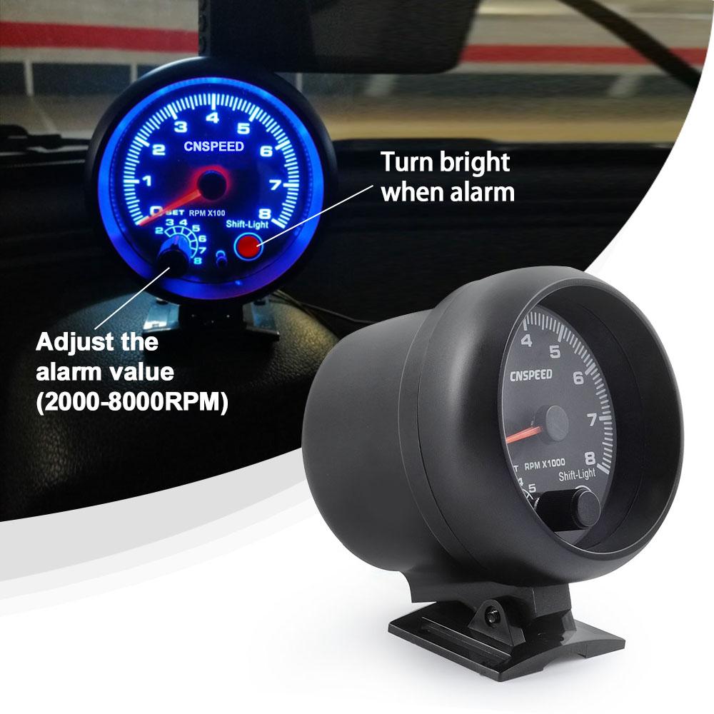 12V Tachometer Gauge 3.75'' Car Universal Black Tachometer Gauge 7color Inter Shift Light 0-8000 RPM Fit 4 6 8 Cylinder