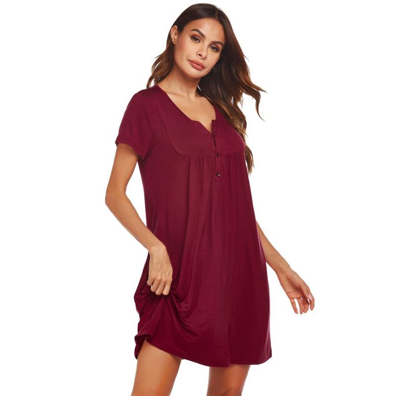 YYFS Women's Fashion Solid Color Print Summer Spring Short Sleeve V-Neck Loose Waistline Casual Dresses