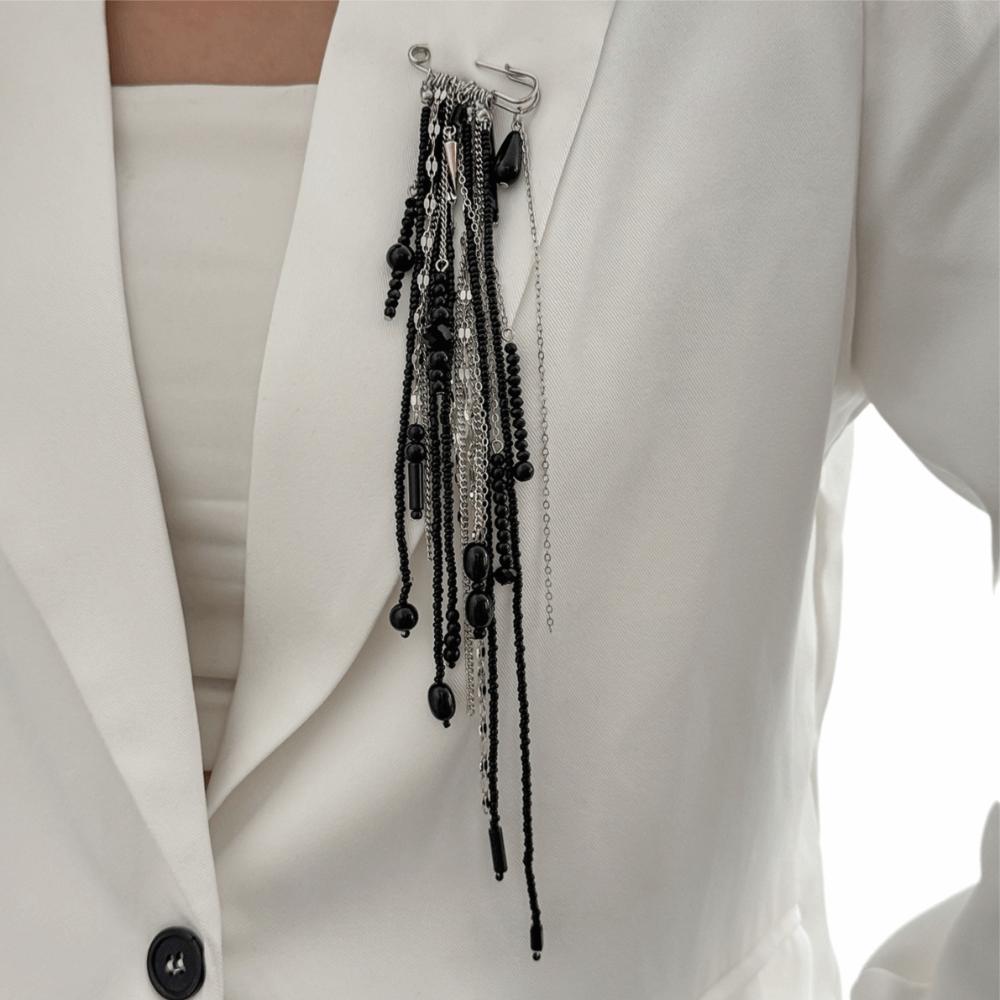 Black Crystal Crystal Beads Brooches Vintage Style Irregular Geometry Tassel Pendant Brooch Chain Bead Creative Design Lapel Pin