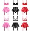 S-4XL Nasse Optik PU-Leder BH-Top und Rock Set Ohne Bügel Ohne Polster Integrierter Tanga Schichtsaum Mini mit Strumpfhaltern für Nachtparty