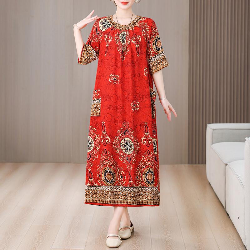 Plus Size Elegant Long Dresses for Women Clothes Loose Short Sleeve Vintage Summer Dress
