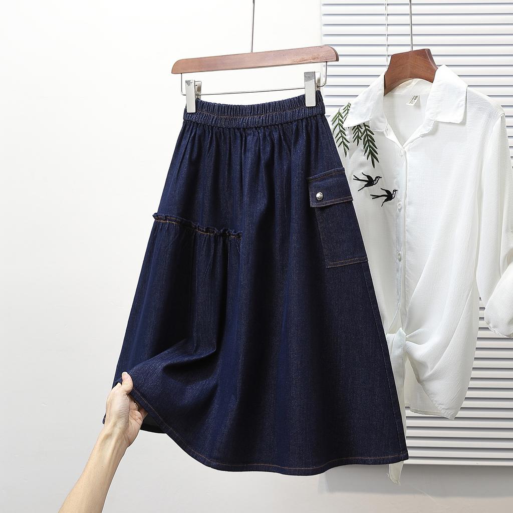 DIMANAF Plus Size Summer Denim Skirts Women Elastic Casual Fashion A-Line Jeans Skirt High Waist Maxi