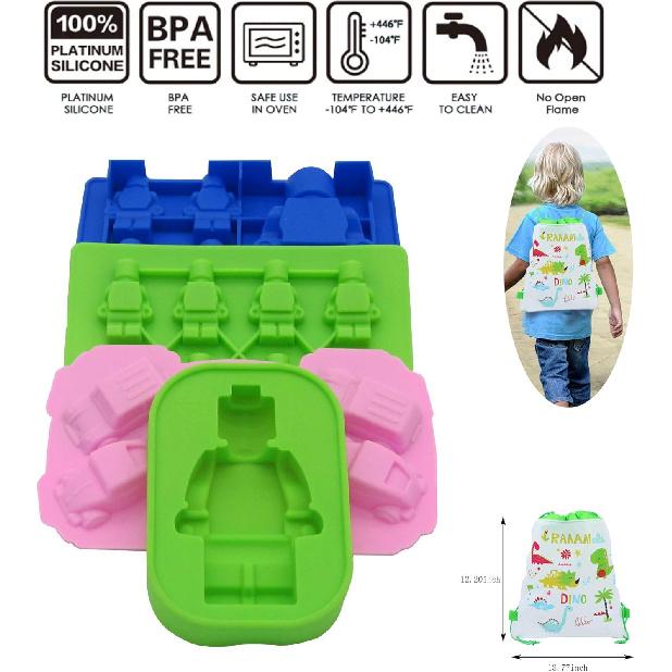 Chocolate Candy Silicone Mold, Building Blocks Ice Tray, Robots and Cars Fondant Mold with Children Party Drawstring Gift Bag-Easy to Use and Clean