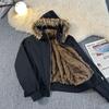 Sitting Mountain Lion Winter Men's Fishbone Pattern Cotton Jacket with Detachable Hood, Plus Velvet for Extra Warmth, Trendy Outerwear.