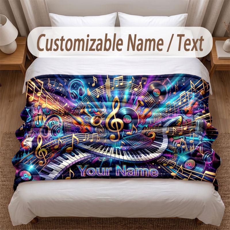 Music Theme Soft Blanket Personalized Custom Name Text Print Warm Blanket Home Sofa Bedroom Decor