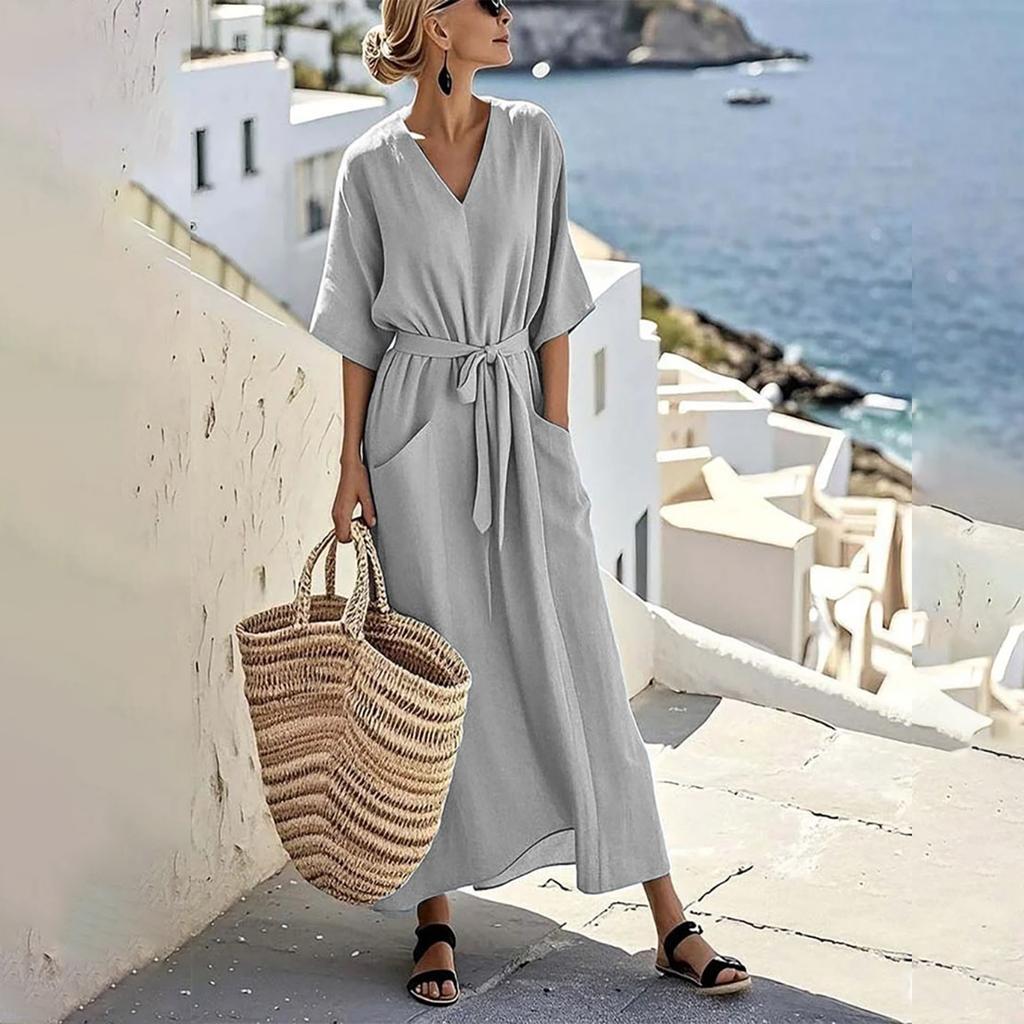 Women's Loose Slimming V-neck Doll Skirt Short Sleeved Knee Length Long Skirt