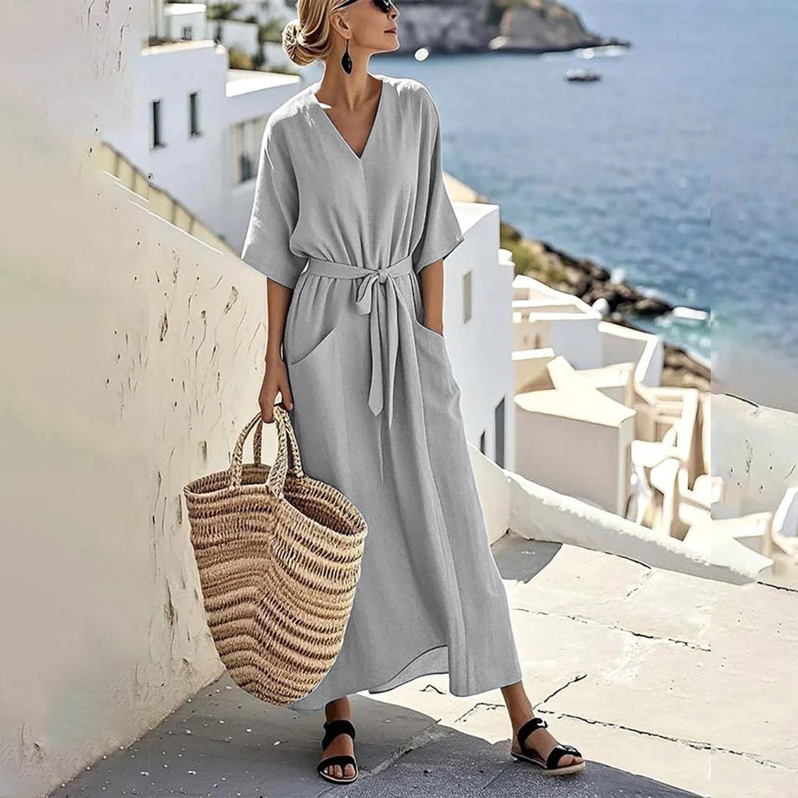 Women s Loose Slimming V-neck Doll Skirt Short Sleeved Knee Length Long Skirt S