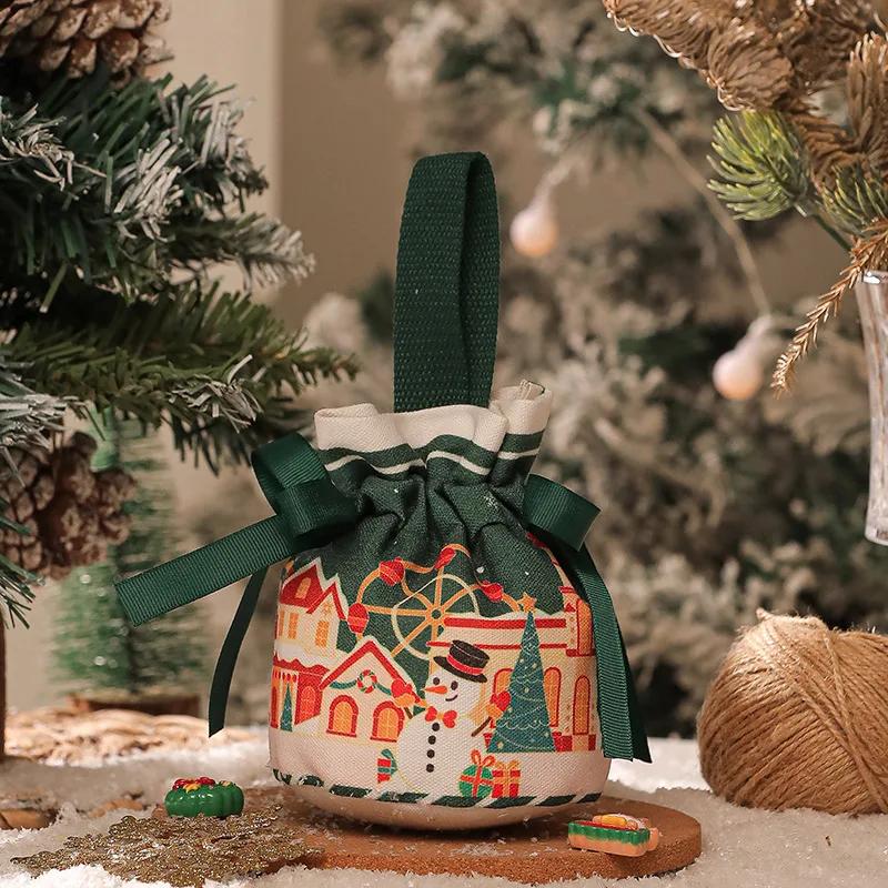 Handheld Christmas Eve Apples Gift Box Portable Canvas Christmas Gift Apples Candy Drawstring Bag for Christmas New Year Party