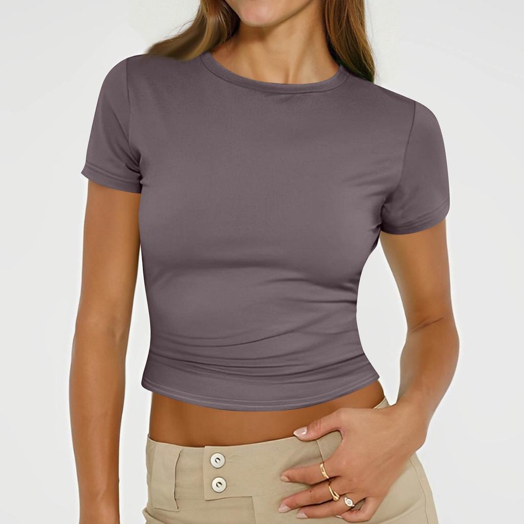 Ladies Summer Fashion Casual Color Round Neck Short Sleeve Slim Ribbed Top