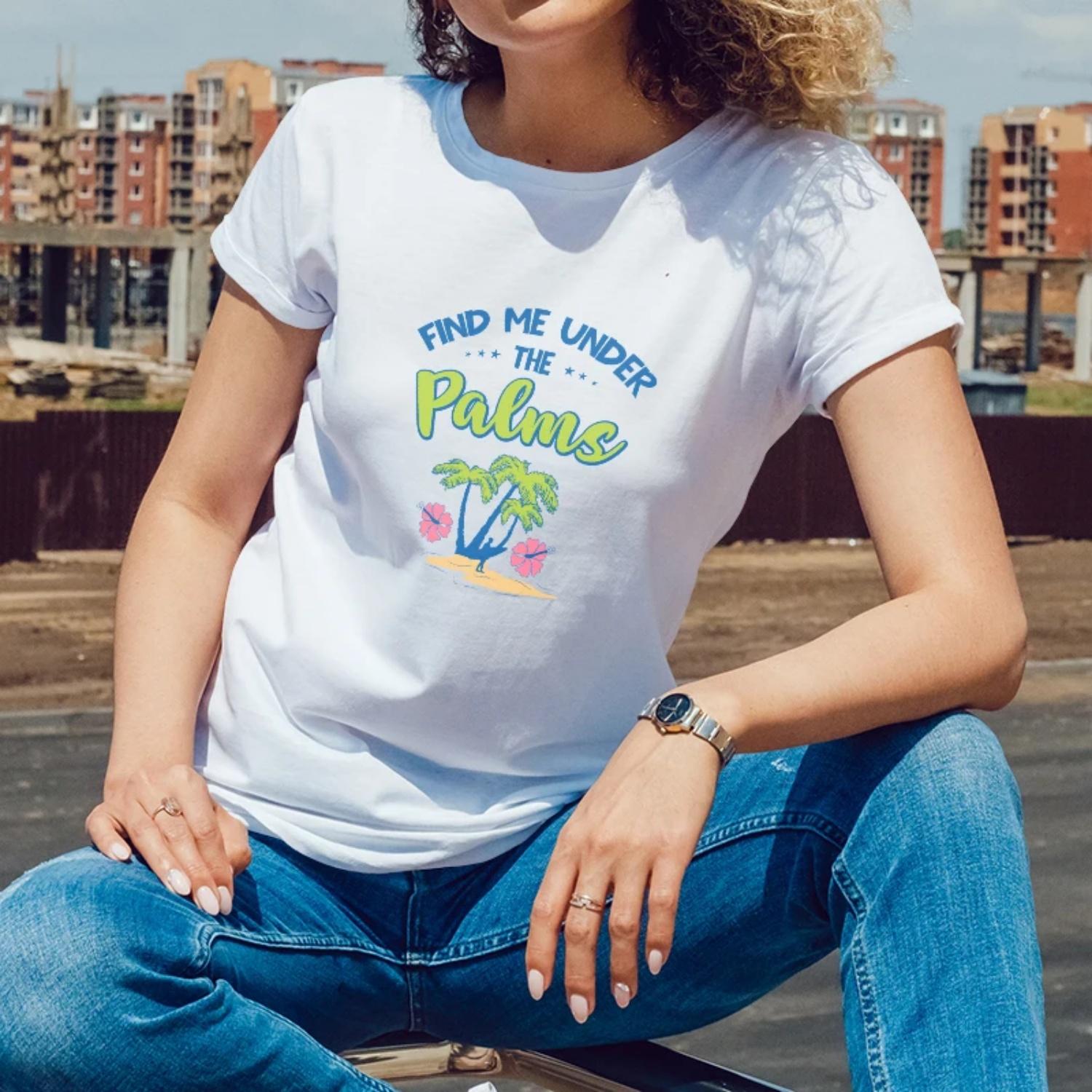 

SummerWomensShortSleeve CottonTShirt FindMeUnderThe PalmsTropicalPrintforOutdoor SummerVacations Young Womenwith a Relaxed Style XXXXXL білий