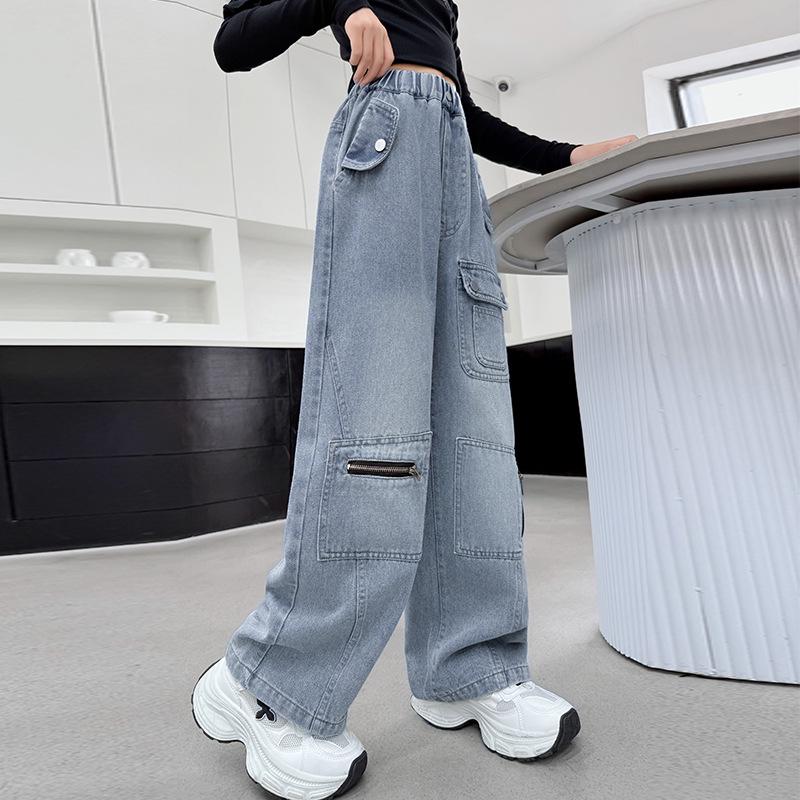 

2025 Girls Fashionable Multi-Pocket Wide-Leg Jeans - Spring & Autumn Casual Straight-Leg Pants 130 cm синий