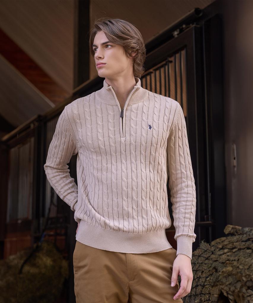 USPOLOASSN Zopfmuster-Halbreißverschluss-Strick_Tiefes Beige
