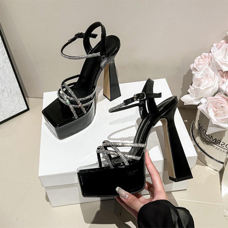 Fashion Luxury Rhinestone Buckle Strap Platform Sandals Women Sexy Open Toe Chunky Heels Ankle-Wrap High Heels Elegant Party Dress Shoes