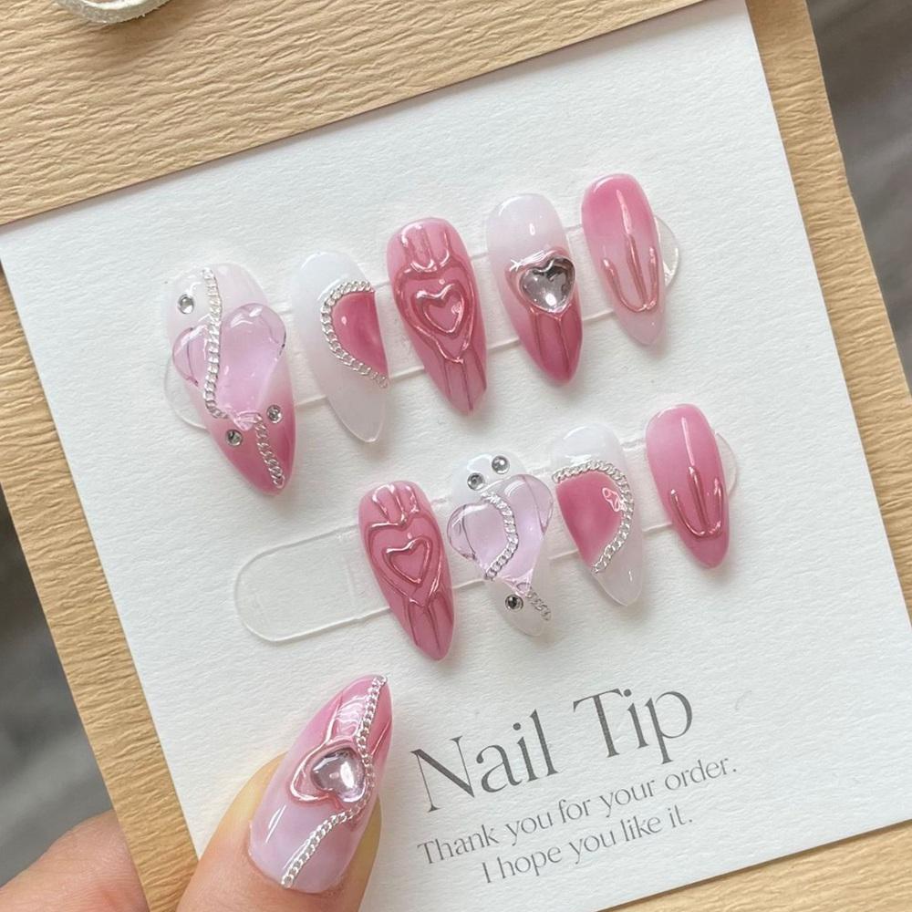 Pink Heart Handmade Press On Nails With Glue Reusable False Nails Professional Manicure Artificial Nail Tips Art