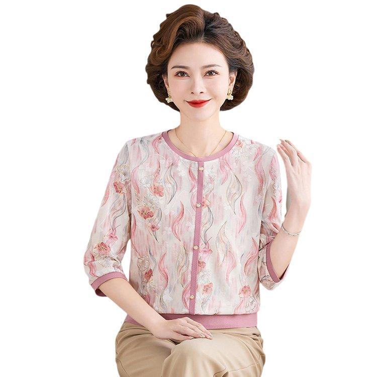 Summer Printed Seven-Sleeve Loose Top for Middle-Aged and Elderly Women - Comfortable Plus Size T-Shirt