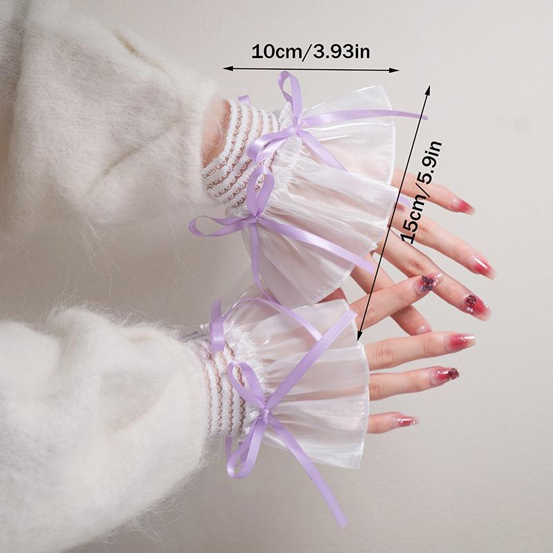 1Pair Nail Art Lace Tulle Photo Glove Fake Pleated Cuff Ribbon Bow Manicure Photography Props Nail Tips Display Lolita Sleeves