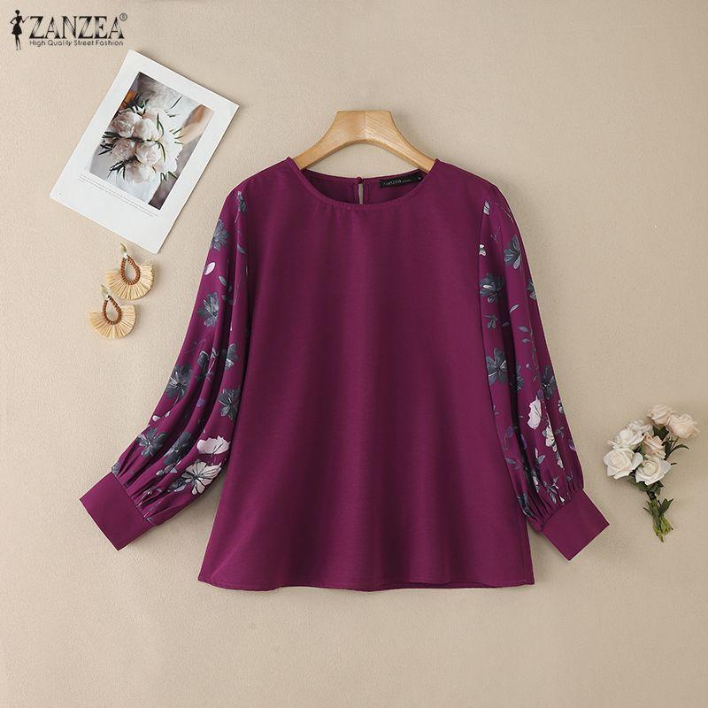 ZANZEA Women Print Splice Long Sleeve Loose Casual Blouse