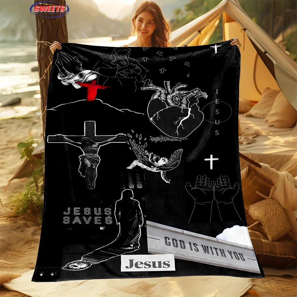 1PC Warm and Cozy Flannel Blanket, Cross Jesus Blanket, Sofa Bedroom Office Leisure Nap Cover Blanket, Machine Washable Blanket