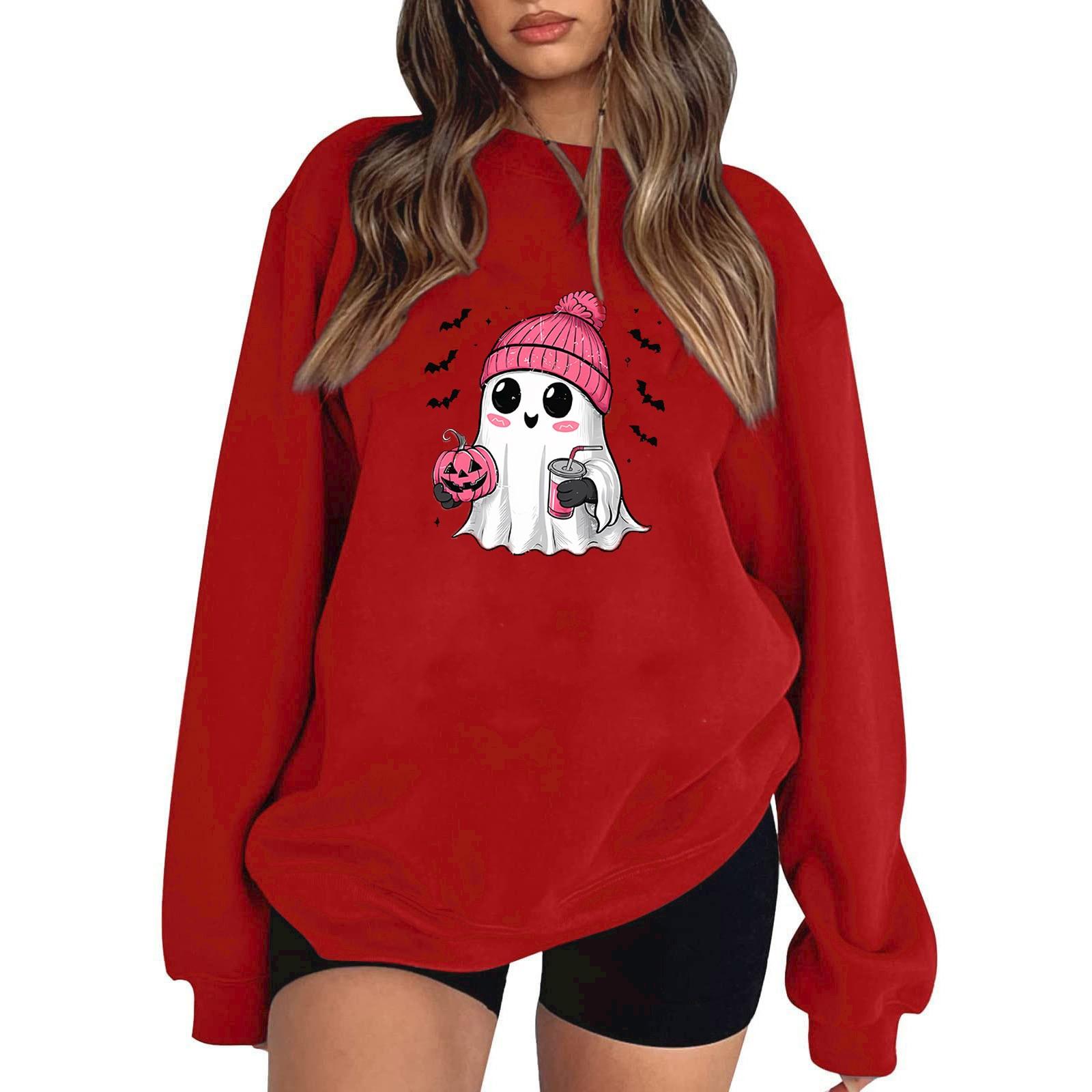 

Женский пуловер с принтом Хэллоуина, круглый вырез, заниженная линия плеча, блузка с длинными рукавами XL красный