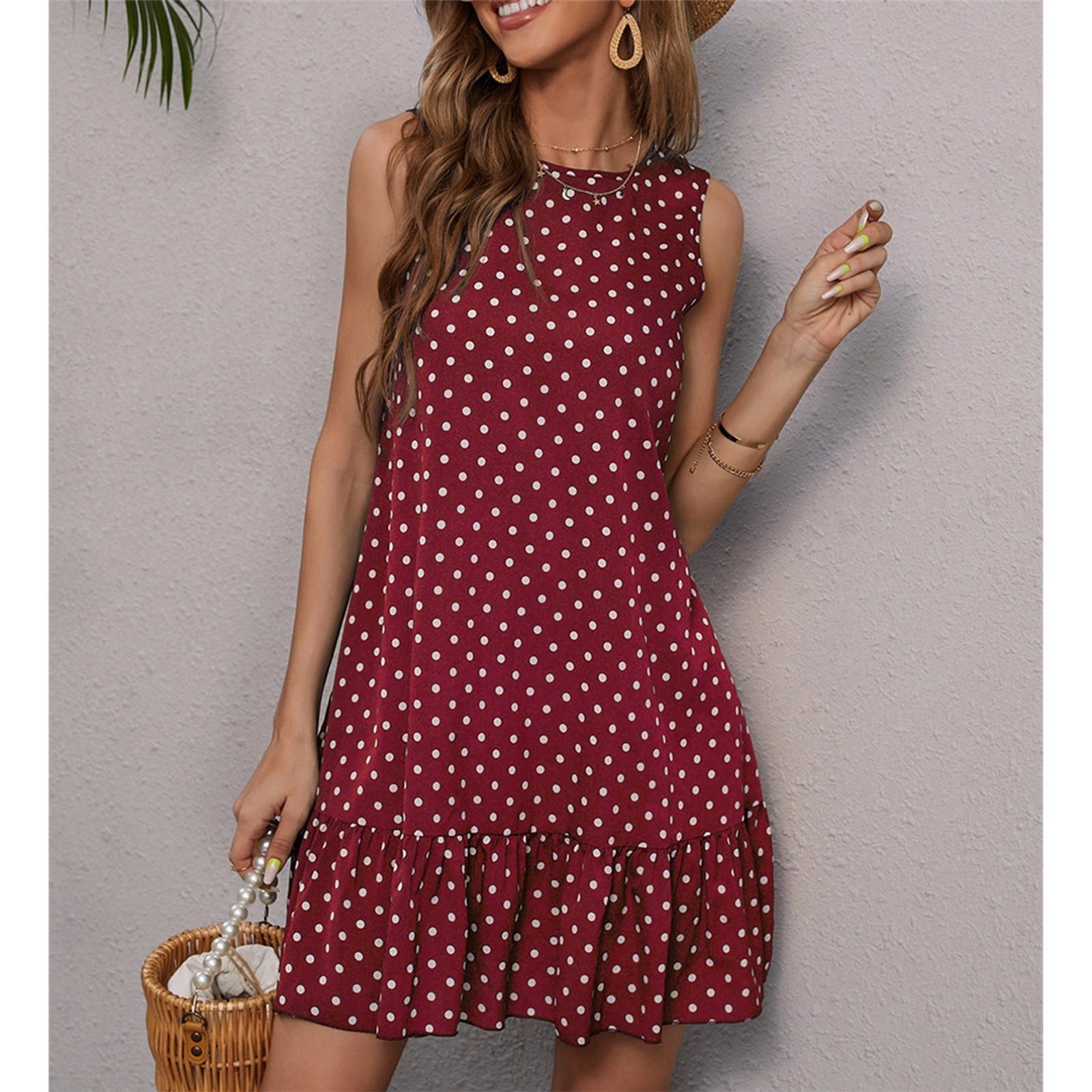 

Women s Fashionable Printed SleevelessRound Neck Casual Dress XL червоний