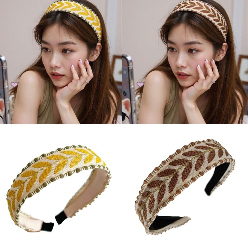 Wide Knotted Hairband With Leaf Embroidery Design Headbands Soft Fabric Hair Decoration Fashion Headwear For Women Girls