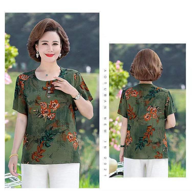 Dámské krátkorukávové s velkým potiskem Ledové hedvábí Krátkorukávové Volné Velké Velikosti Top Trhané Květiny Sto Triček