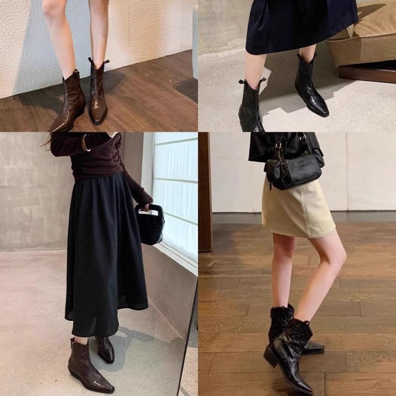 Women's Pointed Toe Retro Chunky Heel Cowboy Boots Fashion Autumn Winter Work Shoes Ruffle Comfortable Western Ankle Boots Women