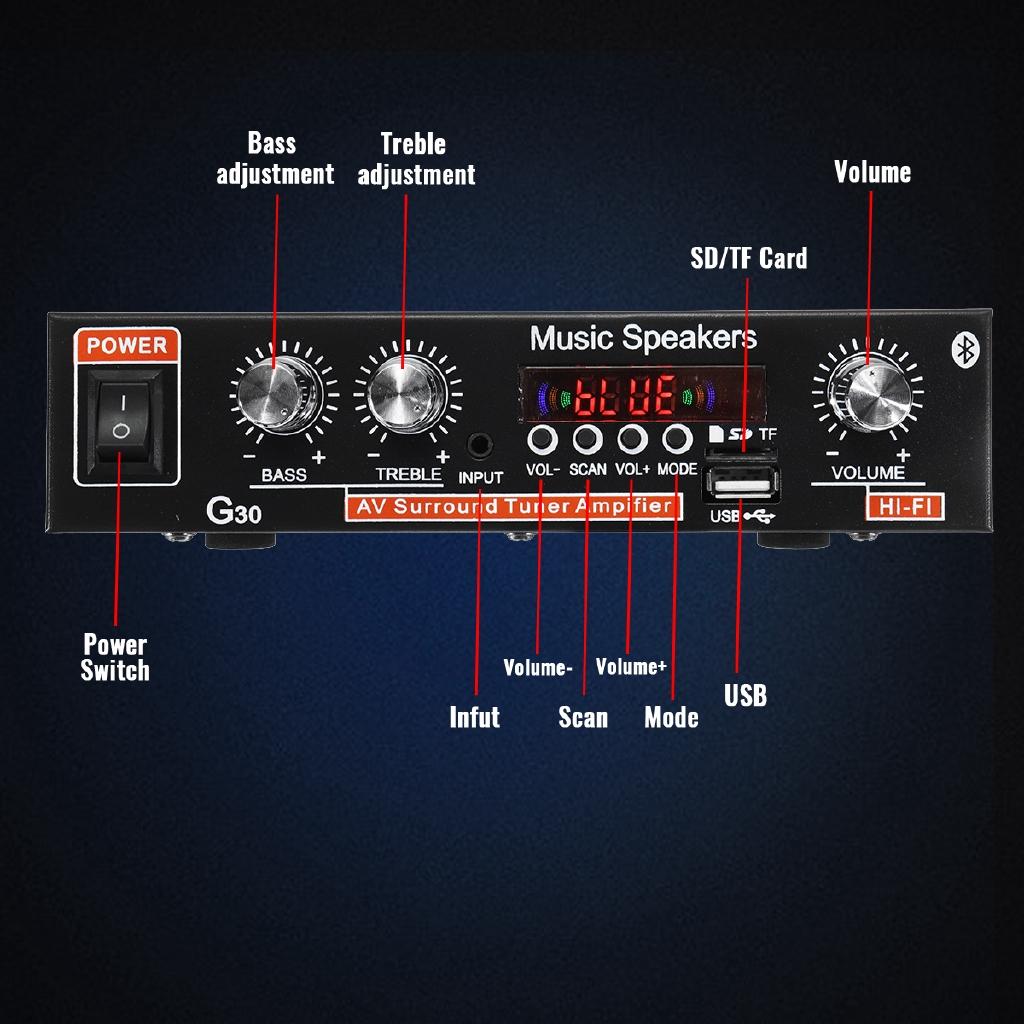 AC 220V 90W 2CH HIFI Audio Stereoforsterker LCD-skjerm bluetooth FM-radio Bil hjemmefjernkontroll Hjemmekinoforsterkere DC12V