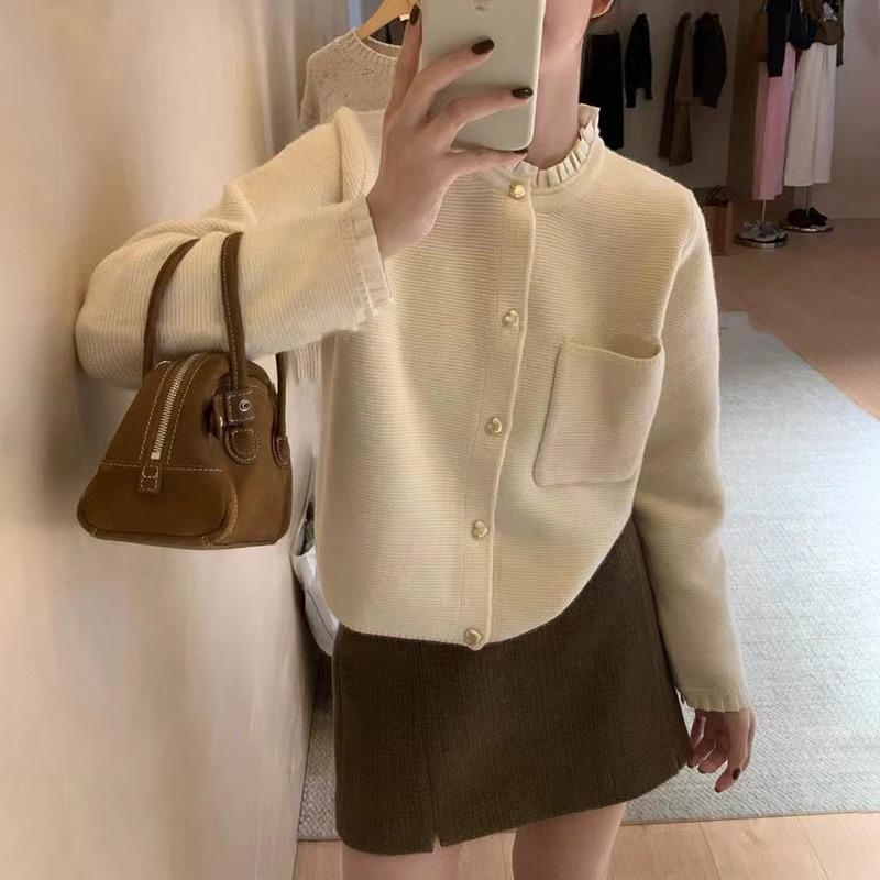 Autumn Ear Edge Round Neck Sweater Women's Fashion Knitted Cardigan Coat Women