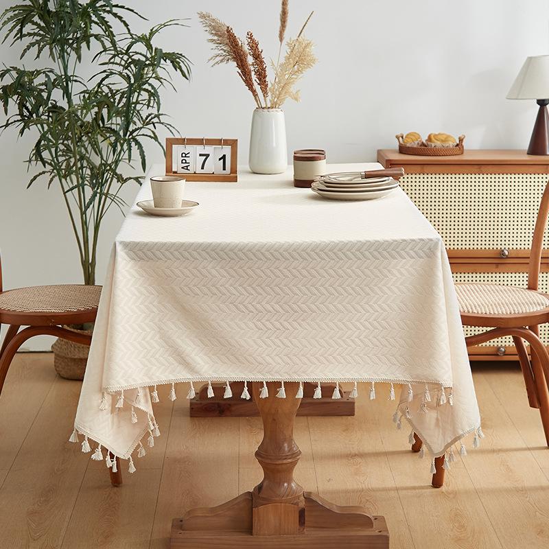 Farmhouse Style Beige Tassel Table Cover, Suitable For Buffet Table, Holiday Dinner, Party, Dining Room, Wedding Rectangular Western Tablecloth