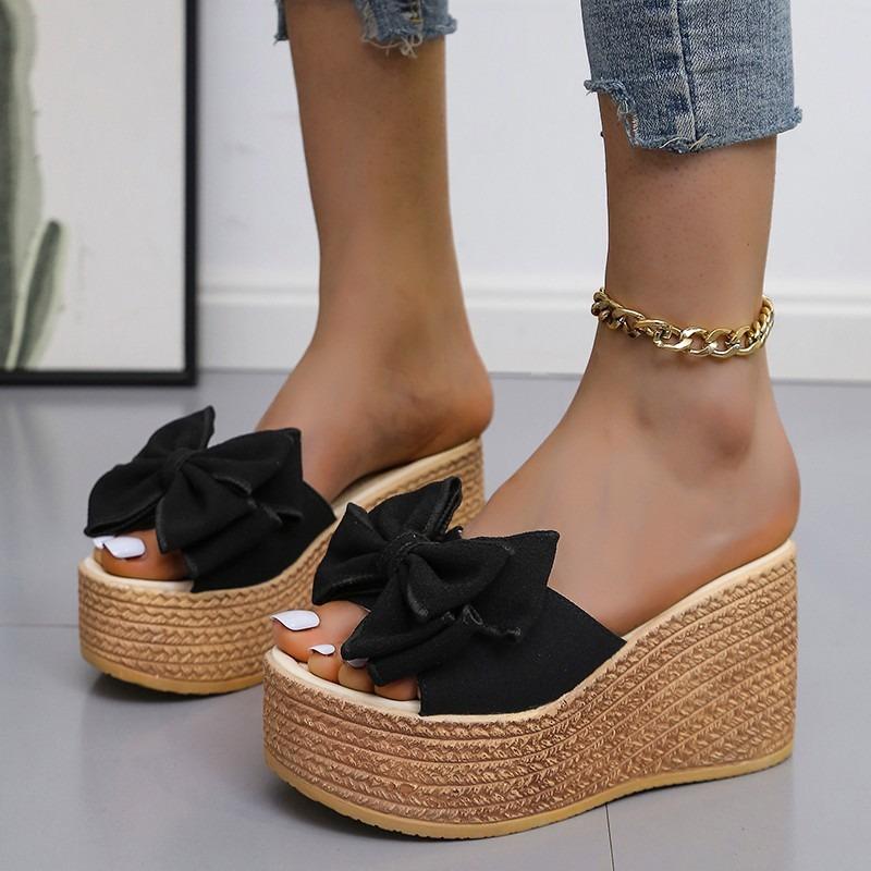 New Summer Women's Plus Size Bow Chunky Sole Wedge Platform One Strap High Heel Casual Outdoor Slide Sandals