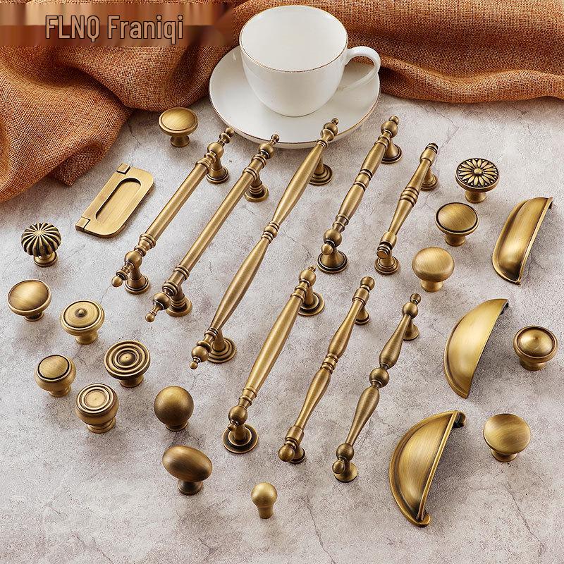 Yellow Bronze Retro French Cabinet Handle - Pure Copper for Wardrobe and Drawer