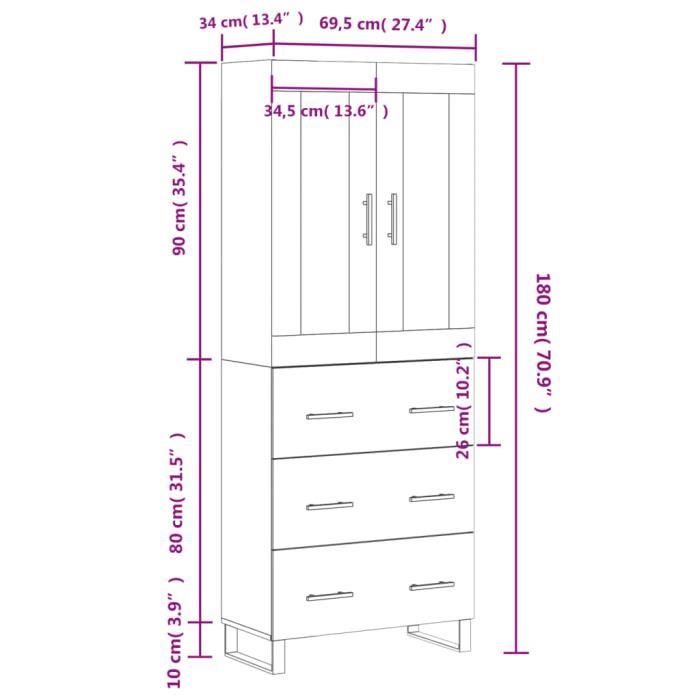 VidaXL Buffet haut Blanc 69,5x34x180 cm Bois d'ingénierie 3198425