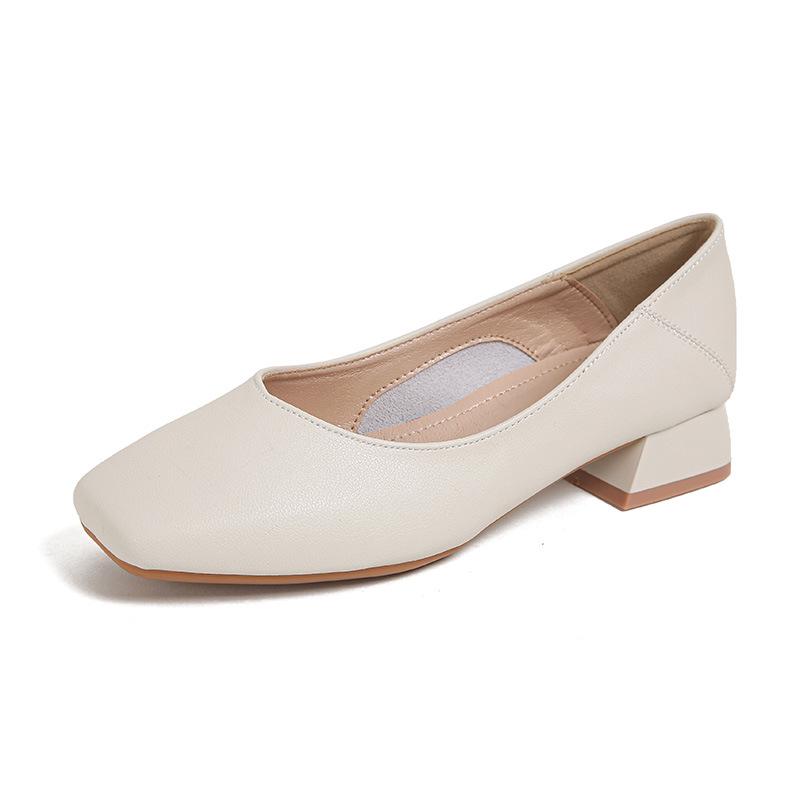 2023 Retro Soft Leather Square Toe Medium High Heel Women's Shoes