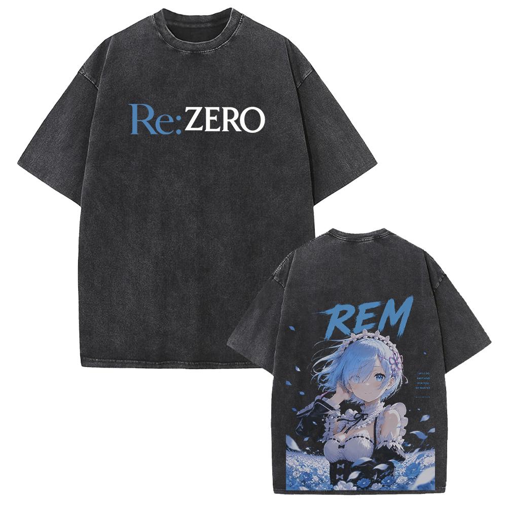 Re:ZERO Rem Anime Printed T-shirt Harajuku Vintage Washed T Shirt Men Clothing Short Sleeve Casual Oversized Cotton Tees Tops