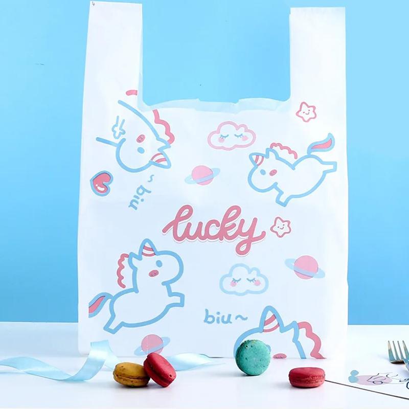 50pcs Disposable Peach Fruit Pattern Hand Bag Packaged Flower Takeaway Bags Snack Double Ear Plastic Vest Handle Shopping Pouch