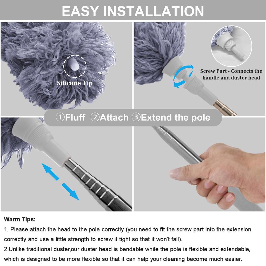 DELUX Microfiber Feather Duster Extendable Cobweb Duster with 100 Inches Extra Long Bendable Head Hat for Cleaning Ceiling High Furniture Cars Pole, &