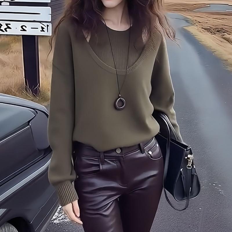 Korean Style Lazy Style Fake Two-piece Sweater Women's Autumn and Winter Casual Inner Top