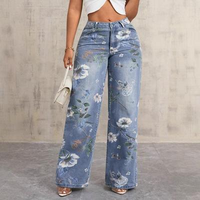 New Women's American Streetwear Floral Print Jeans, Autumn Vibe Style Loose Fit Baggy Denim Pants with Artistic Designer Look