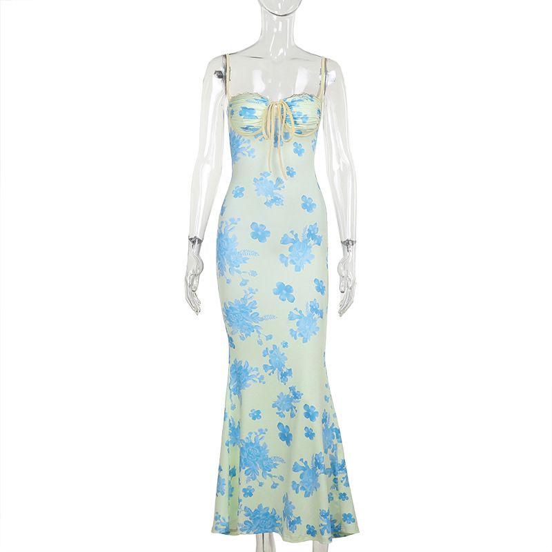 

Dress Summer 2024 New Elegant Waist Hugging Hip Skirt Western Style Sexy Print Sling Dress Women Light yellow L