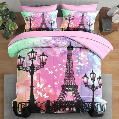 City Vintage House Bedding Set for Kids and Adults, Eiffel Tower Paris Bed Sheet Sets with Pillowcases for Bedroom Bed Decor