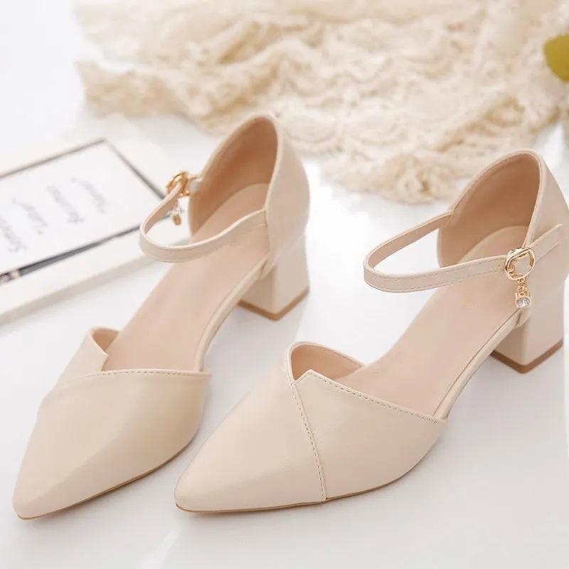 Soft Leather Mid-heel Comfortable Pointed Head Summer Bridesmaid Thick Heel One-word Buckle Bag Head Hollow Shallow Mouth Versatile Temperament Sandal