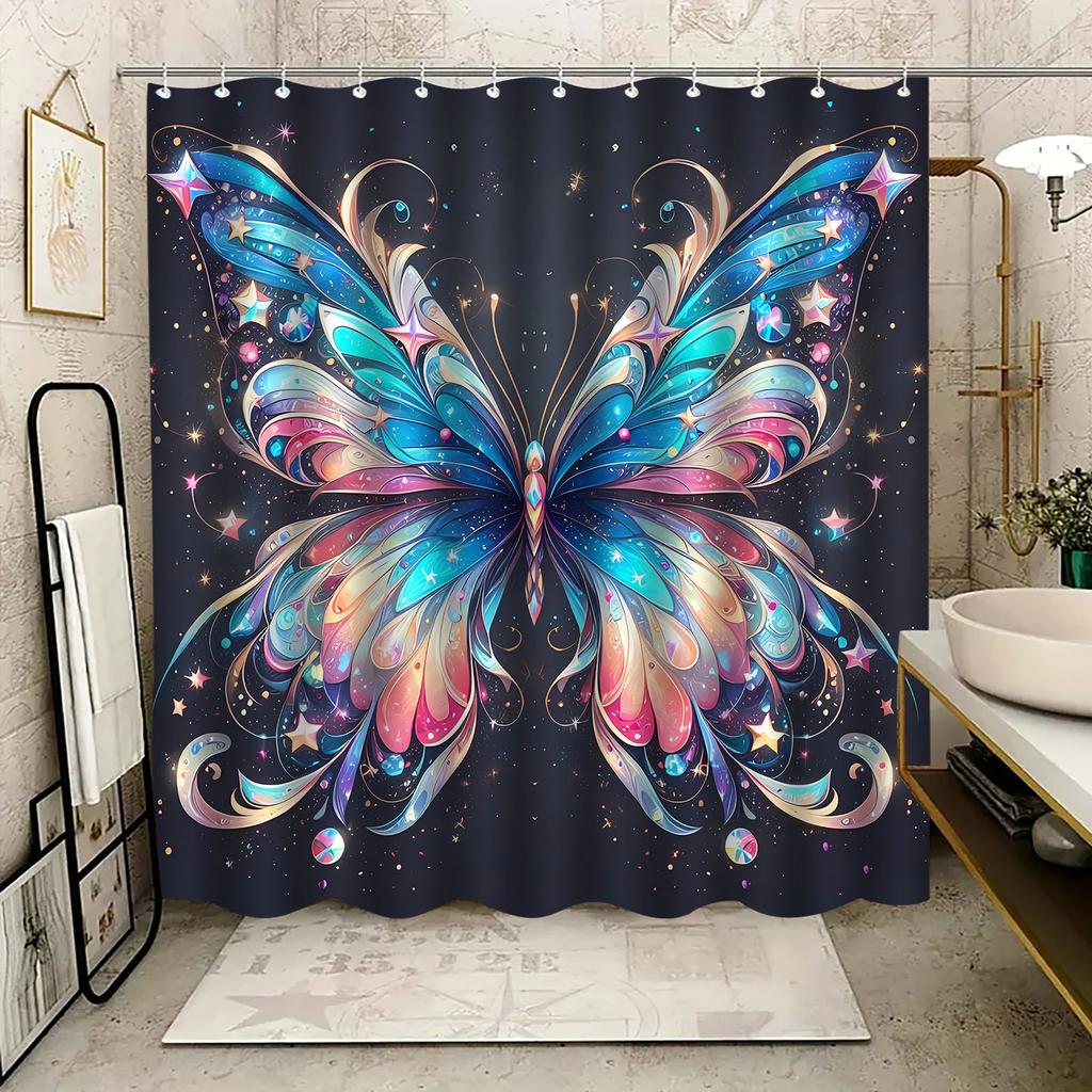 Butterfly Pattern Shower Curtain, Elegant Polyester, Multifunctional Bathroom Partition, Machine Washable, All-Season Decor