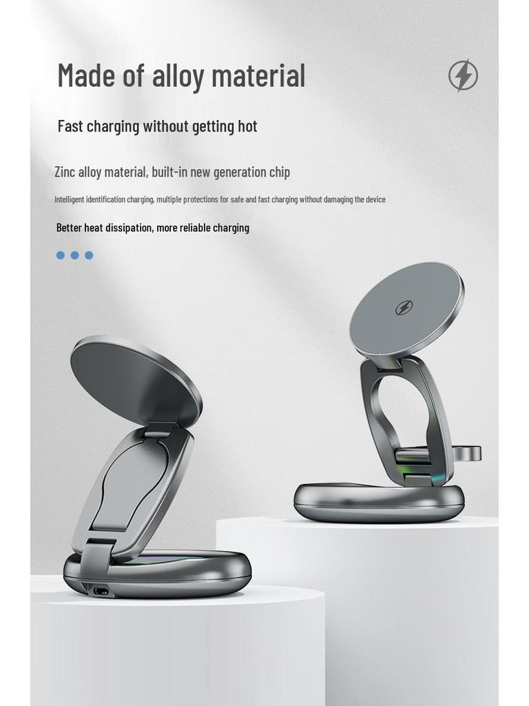 15W 3-in-1 Foldable Magnetic Wireless Charger Stand for Apple Watch, Earphones, and Phone