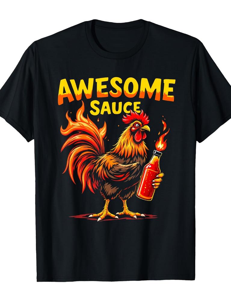 Men's "Cool Sauce" Printed T-shirt - Paired with Vibrant Flames and Sauce Bottle Elements, Fun T-shirt for Daily Wearing